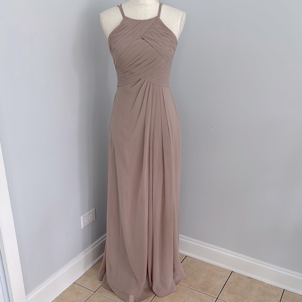 Azazie Tan Ruched Halter Maxi Dress